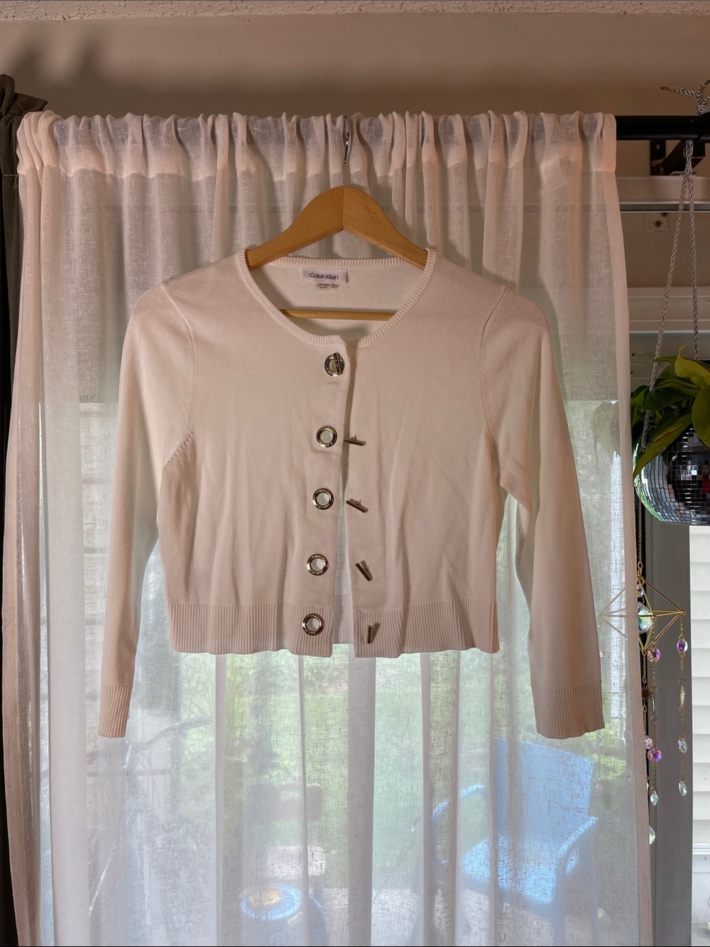 Calvin Klein White Knit Cropped Cardigan with Logo Tag